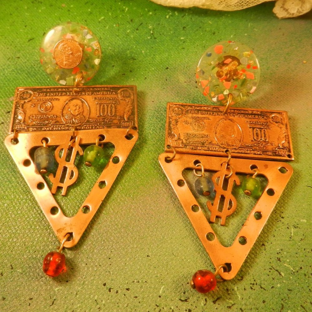 VTG Contempo copper pierced earrings U got the money honey $100 copper tone fun